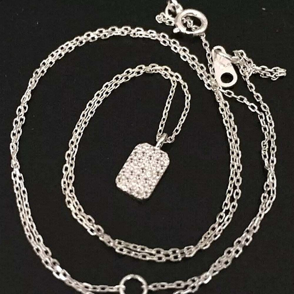 925 Sterling Silver Dainty Pave Tag Pendant Necklace